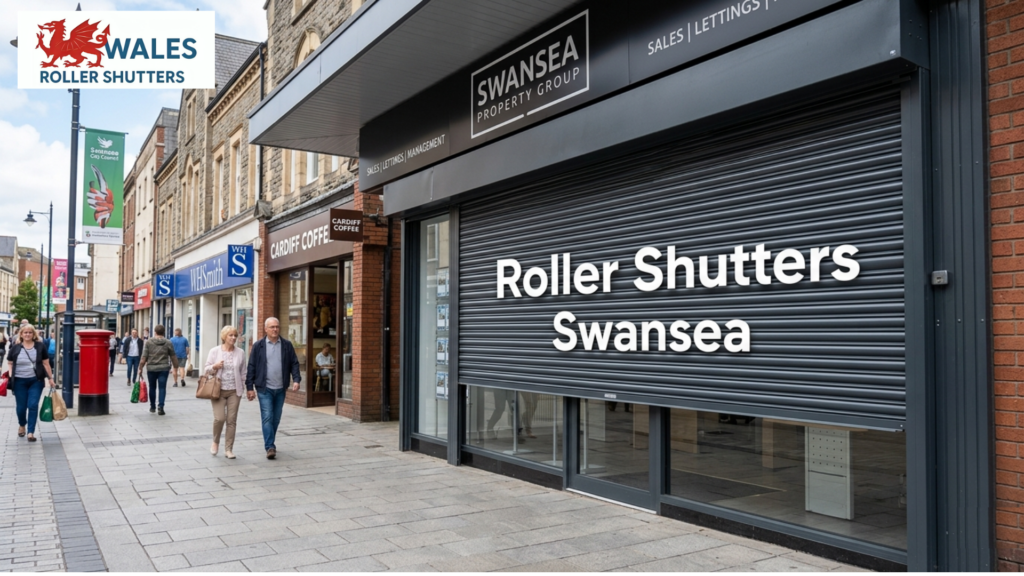 Strong and modern roller shutters Swansea installed on a commercial shopfront for enhanced security