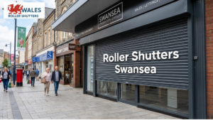 Strong and modern roller shutters Swansea installed on a commercial shopfront for enhanced security